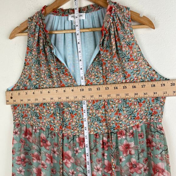 Allison Floral Maxi Dress Size Medium Turquoise Pink Sleeveless Tiered Peasant - Picture 11 of 12